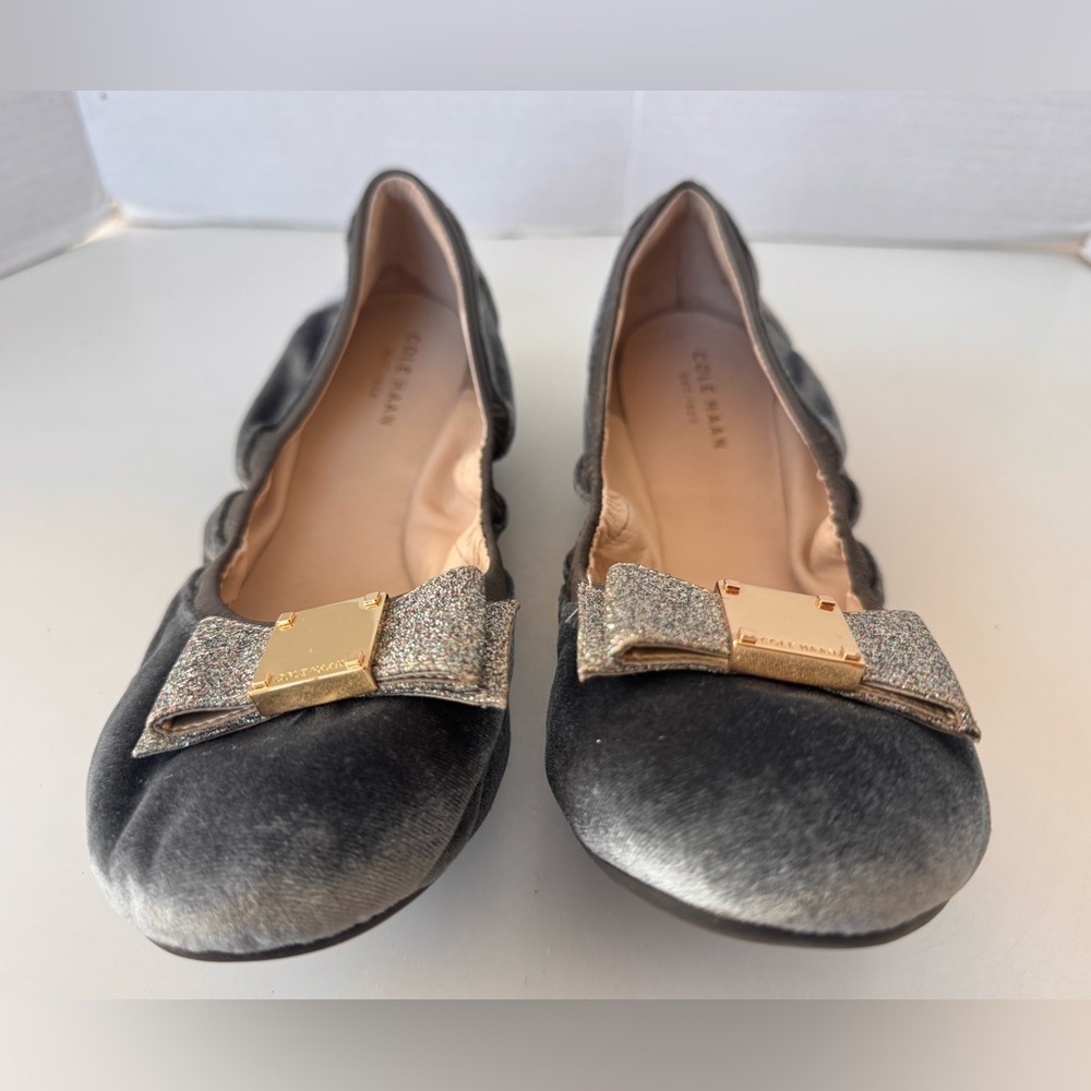 Cole Haan Tali Bow Ballet Flat Shoes Grey Velour Velvet Women’s Size 10 - Picture 3 of 8